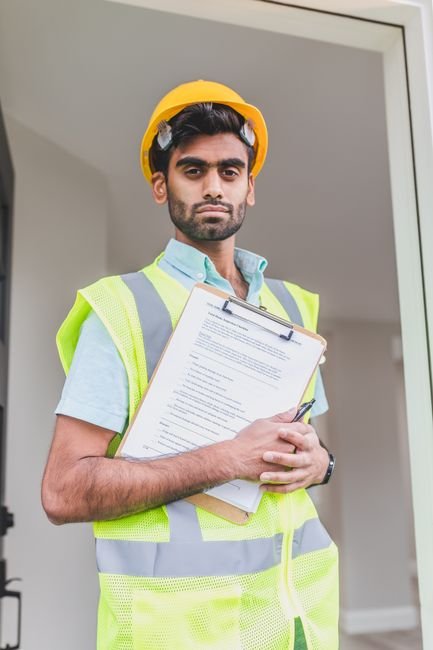 construction project manager reviewing budget documents on site