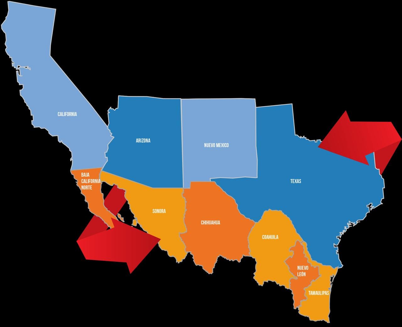 Mapa de la Megarregión Sonora-Arizona y los estados fronterizos de México y Estados Unidos