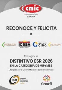 Reconocimiento de CMIC Delegación Sonora a Herson, ICSSA y Grupo CINO por el Distintivo ESR 2026 en la categoría de MIPYMES, otorgado por el Centro Mexicano para la Filantropía