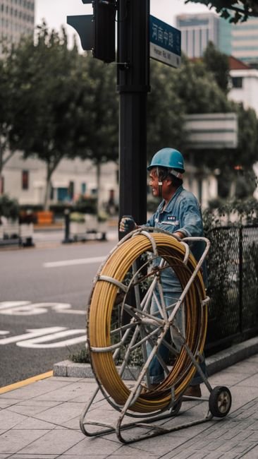 construction workers installing fiber optic cables underground in a modern city