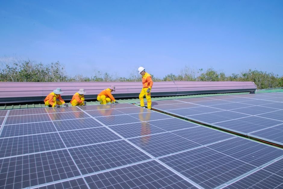 Engineers inspecting utility scale solar farm construction in Sonora Mexico