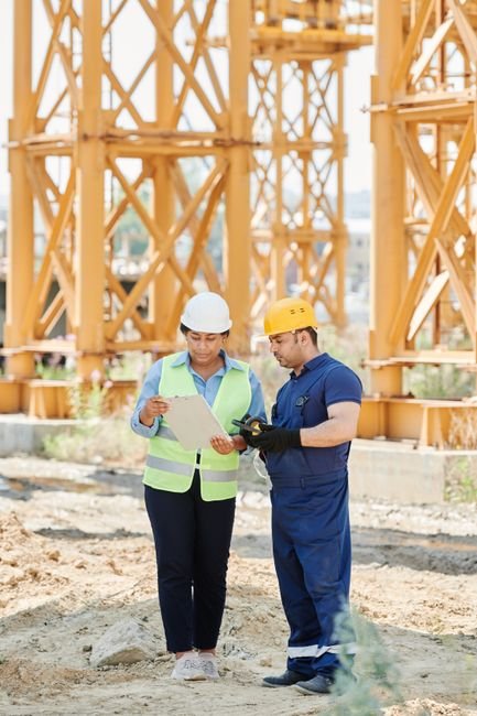 Engineers reviewing blueprints and construction site at a modern port terminal