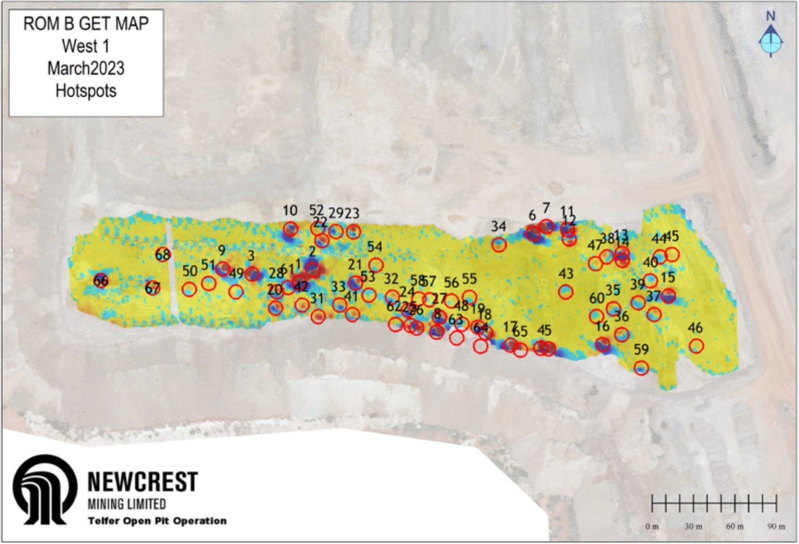 Mapa georreferenciado con los puntos de anomalía magnética detectados sobre un acopio ROM en la mina Telfer
