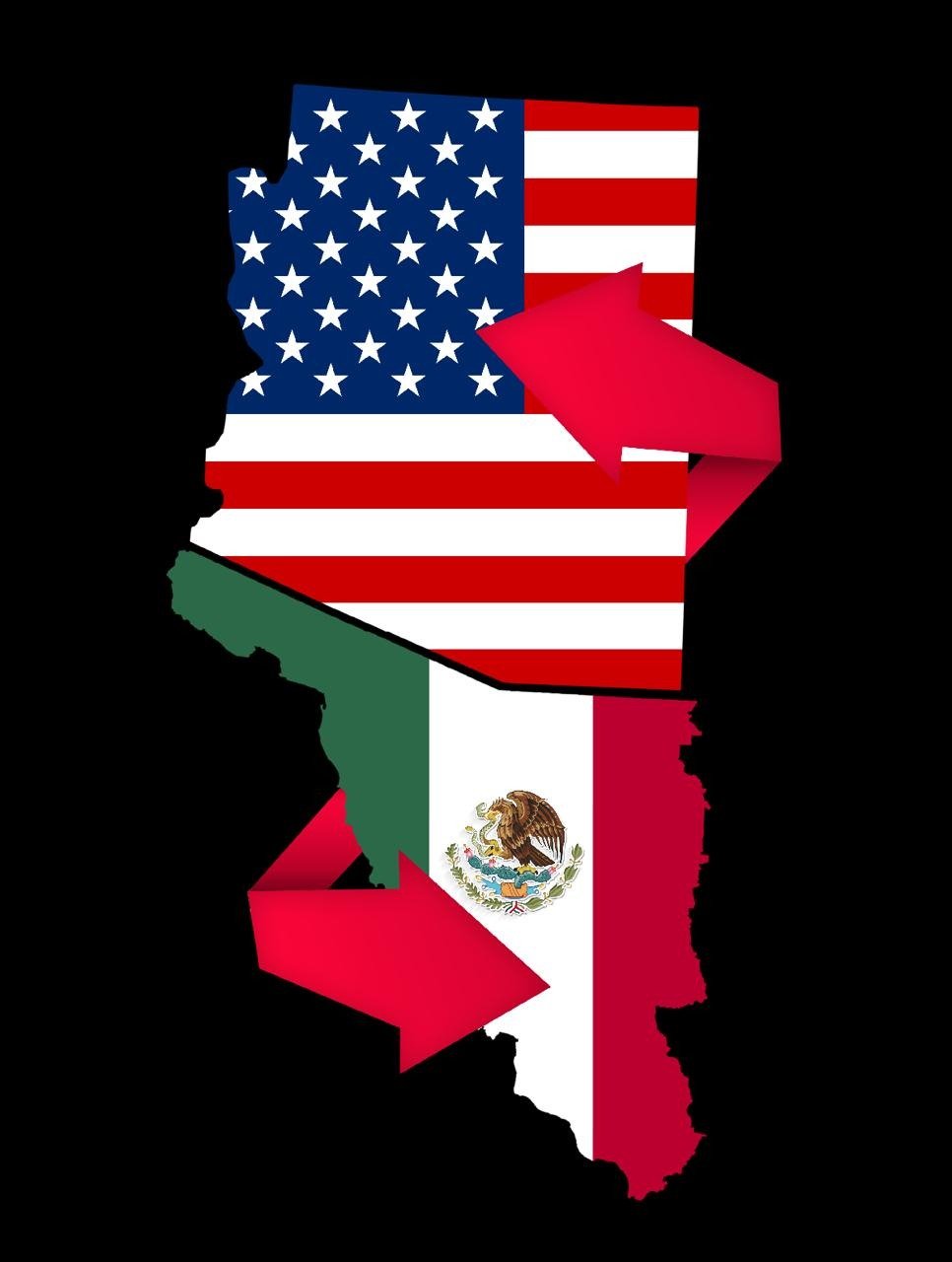 Mapa de la megarregión Sonora-Arizona con las banderas de México y Estados Unidos y flechas de intercambio en ambos sentidos