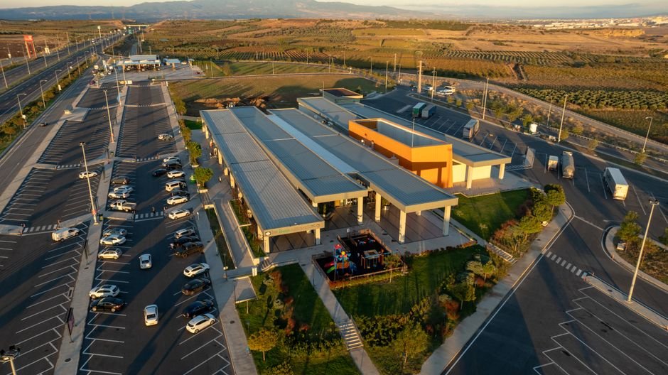 Modern smart border customs facility with trucks and advanced technology