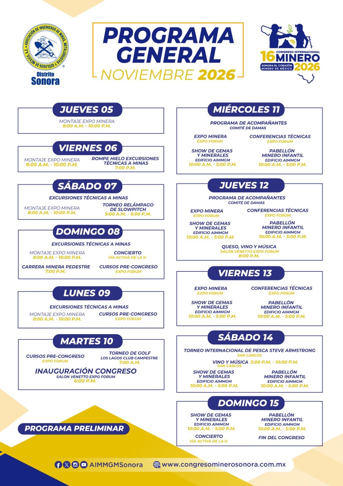 Programa general preliminar del 16 Congreso Internacional Minero Sonora 2026, noviembre 2026
