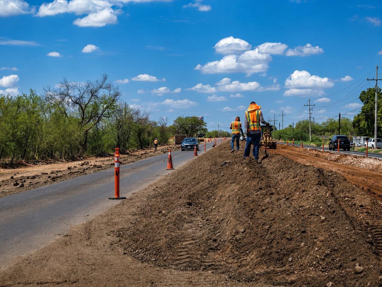 Trabajadores de la construcción sobre el terraplén del tramo en modernización de la carretera a Bahía de Kino