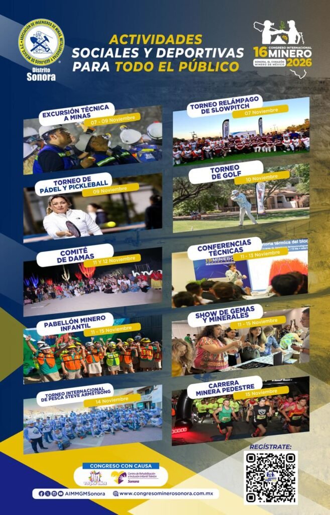 Cartel de actividades sociales y deportivas del 16 Congreso Internacional Minero Sonora 2026, del 7 al 15 de noviembre: excursión técnica a minas, torneos de slowpitch, pádel y pickleball, golf y pesca, Comité de Damas, conferencias técnicas, Pabellón Minero Infantil, Show de Gemas y Minerales y Carrera Minera Pedestre.