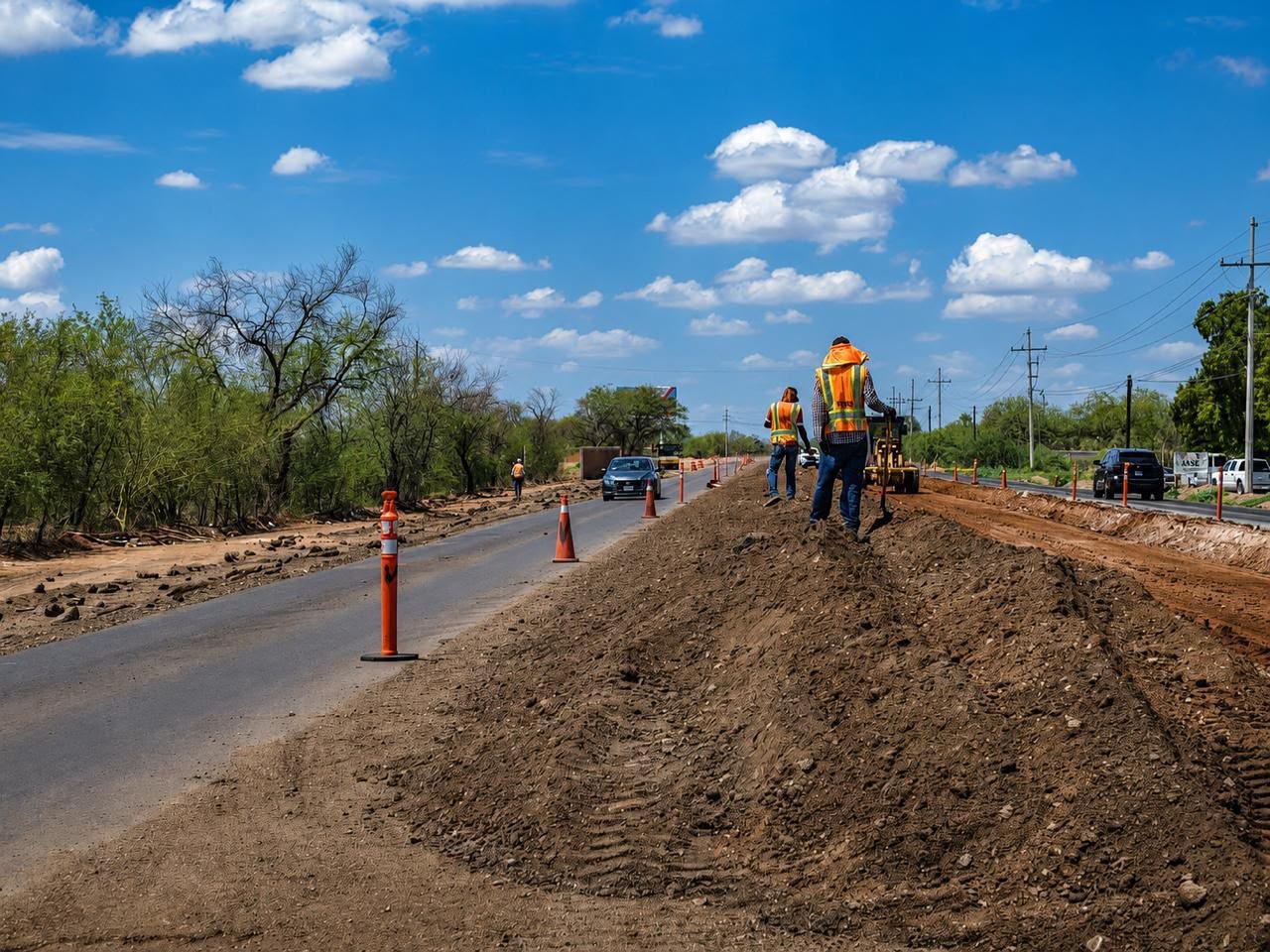 Trabajadores y maquinaria en la ampliación de la carretera Hermosillo-Bahía de Kino