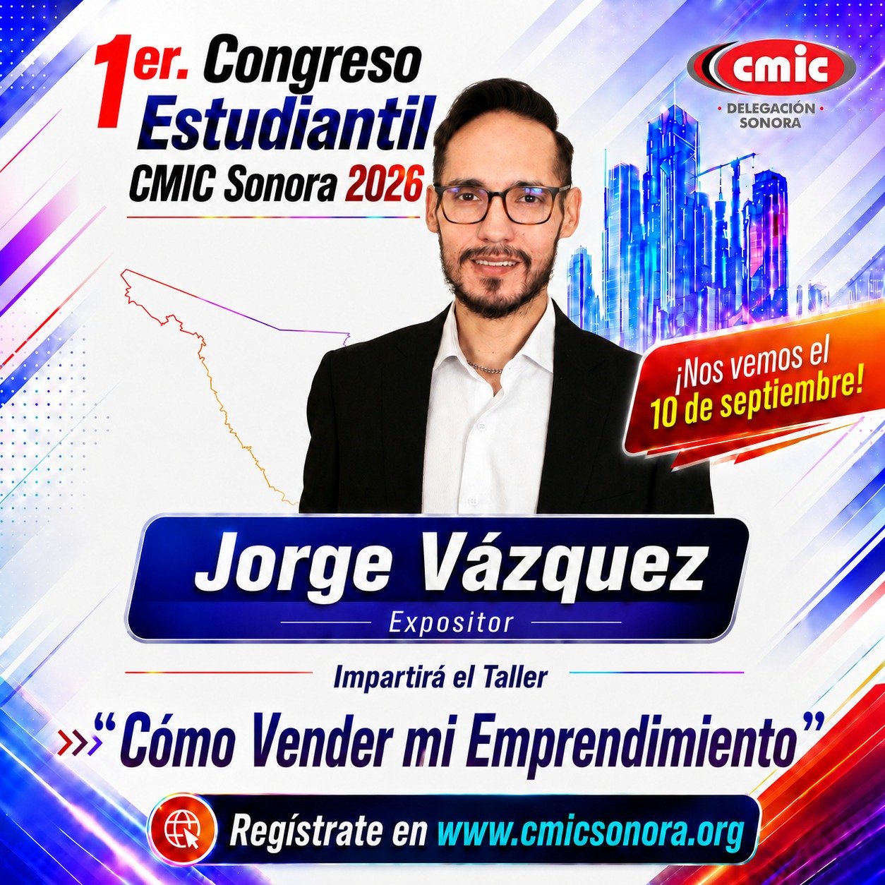 Gráfica del congreso con el expositor Jorge Vázquez y su taller sobre venta de emprendimientos