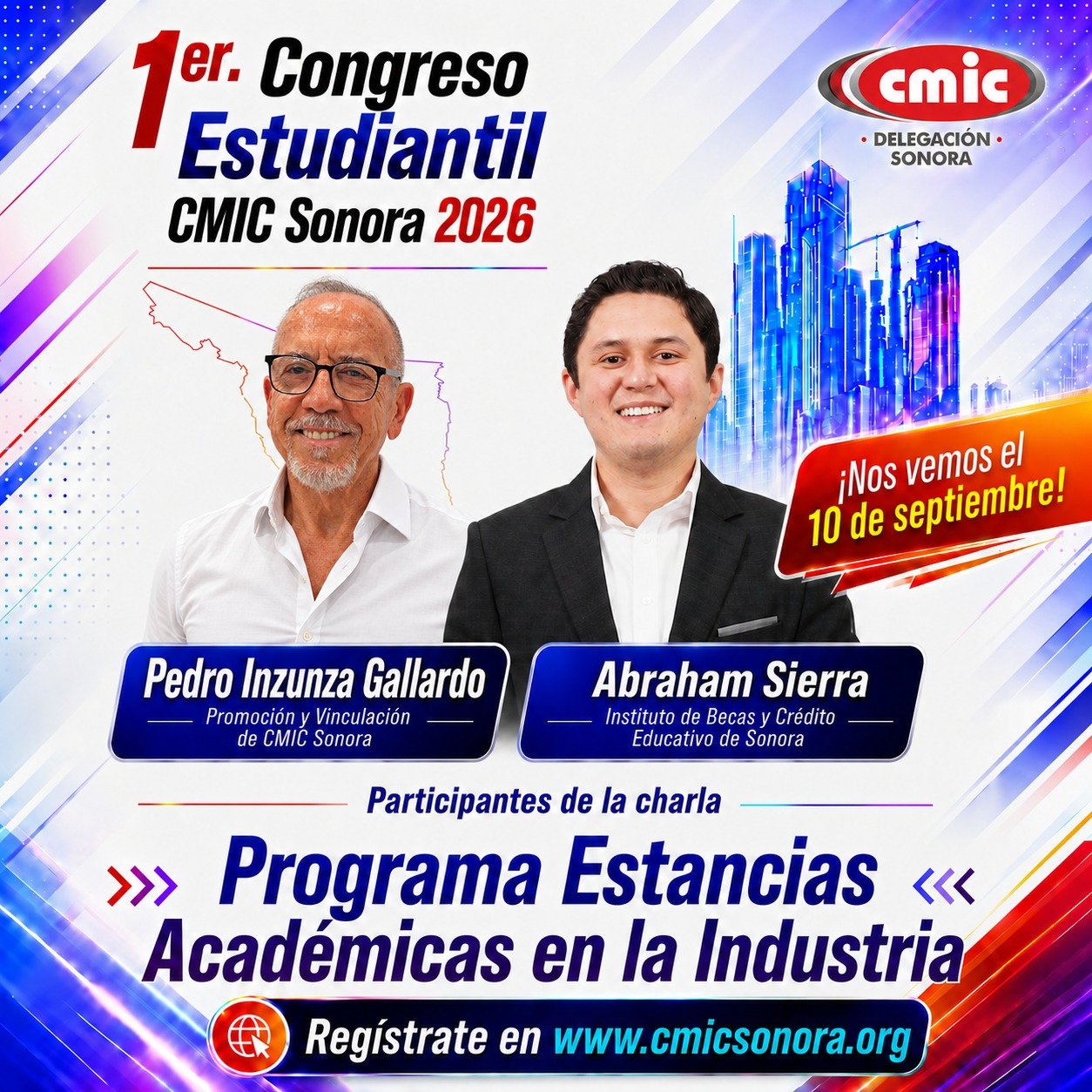 Gráfica del congreso con Pedro Inzunza Gallardo y Abraham Sierra, participantes de la charla sobre estancias académicas