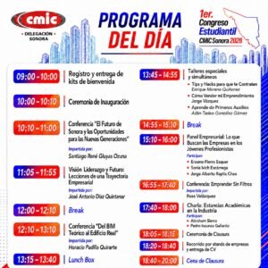 Programa por horarios del 1er. Congreso Estudiantil CMIC Sonora 2026, del registro a las 9:00 a la cena de clausura a las 20:00