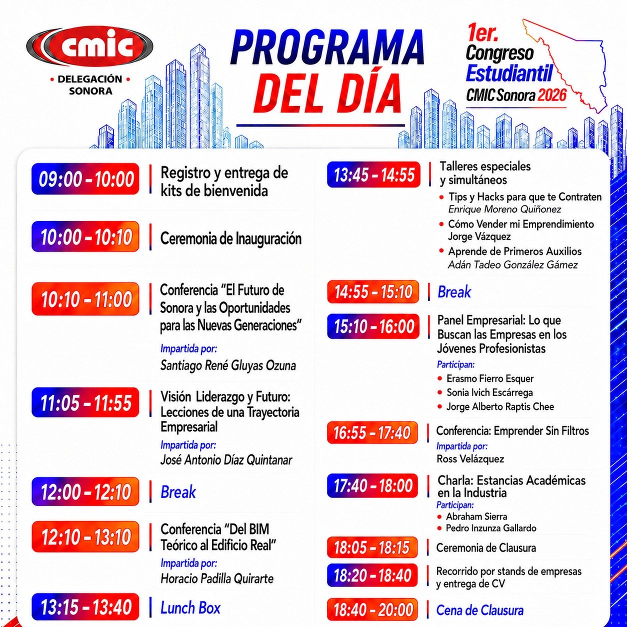 Programa por horarios del 1er. Congreso Estudiantil CMIC Sonora 2026, del registro a las 9:00 a la cena de clausura a las 20:00