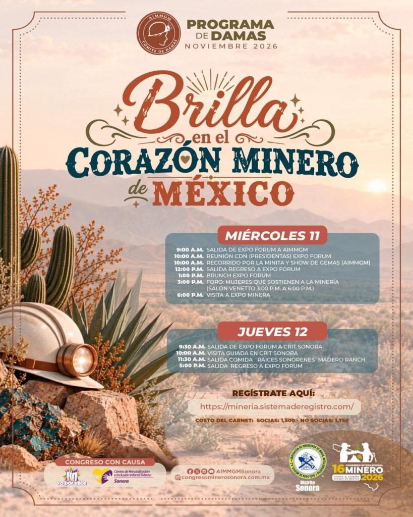 Cartel del Programa de Damas «Brilla en el corazón minero de México» del 16 Congreso Internacional Minero Sonora 2026, con las actividades del miércoles 11 y el jueves 12 de noviembre y el enlace de registro.