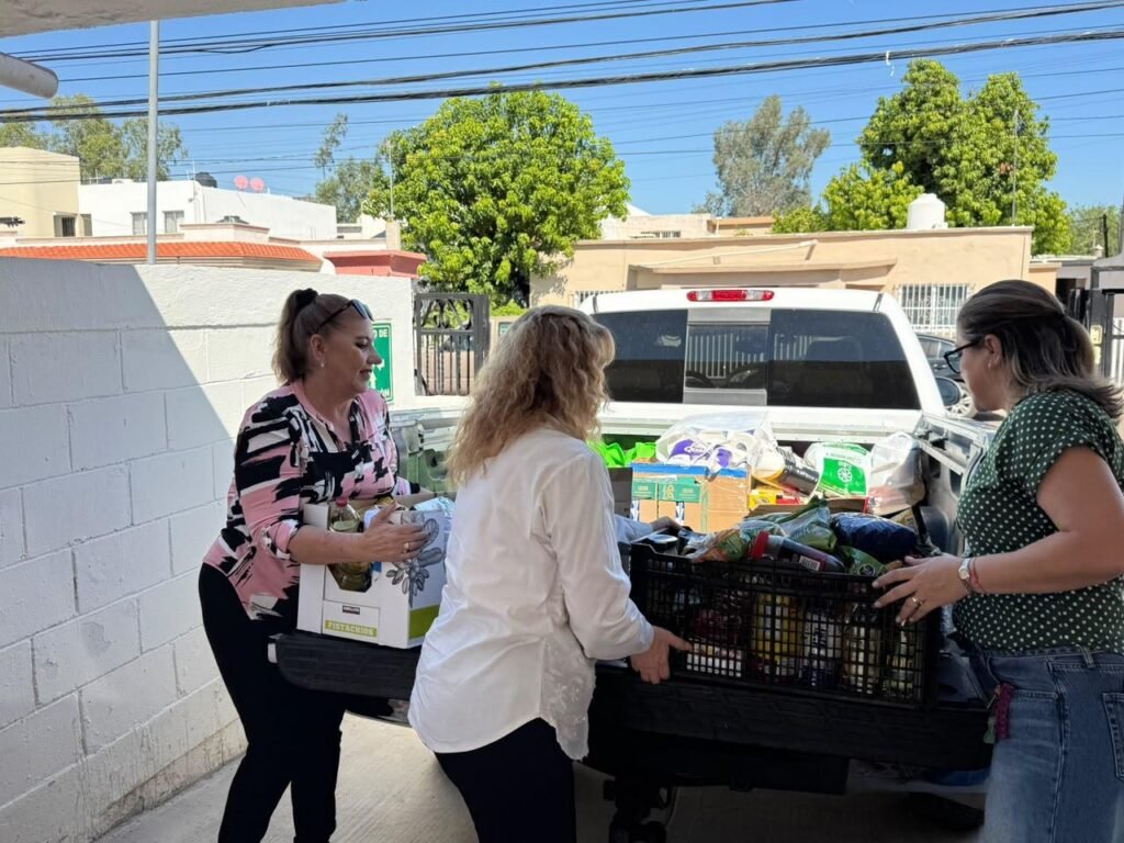Tres mujeres acomodan cajas y una canasta con víveres en la caja de una camioneta.