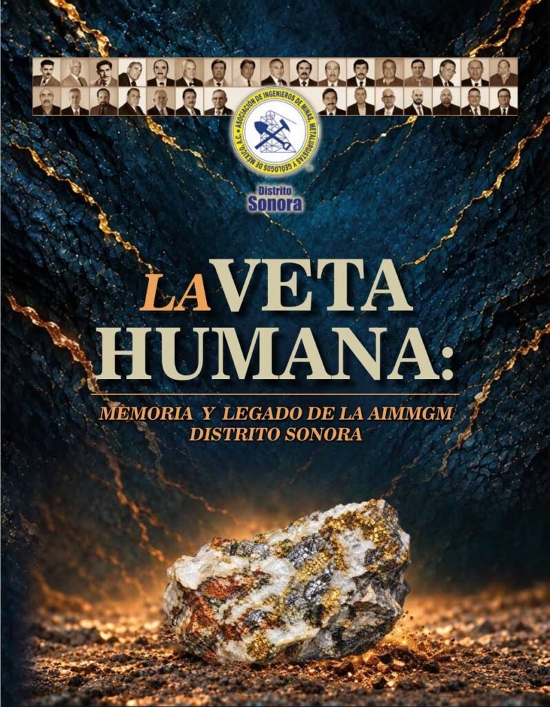 Portada del libro “La Veta Humana: memoria y legado de la AIMMGM Distrito Sonora”, con una roca mineral sobre fondo oscuro.