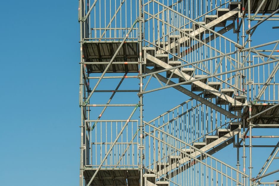 modern modular hospital construction site with steel framework