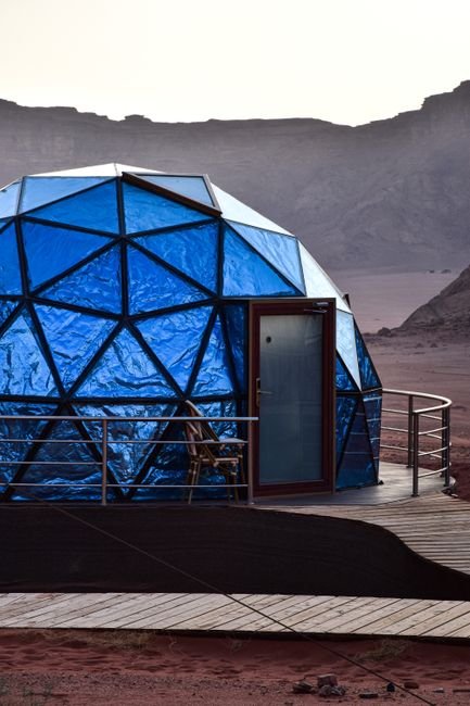 Modern modular mining camp in a desert landscape with sustainable architecture