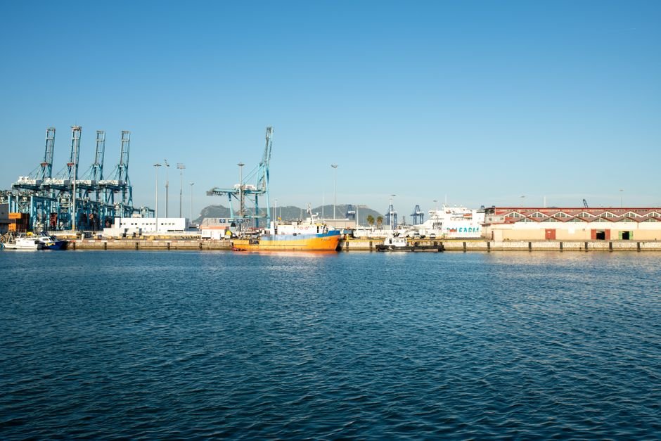 Modern port terminal with container cranes and industrial infrastructure under a clear sky
