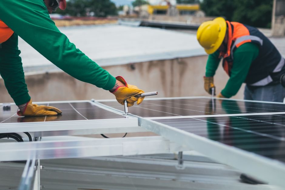 Modern solar panels installation on a large industrial construction site in the desert